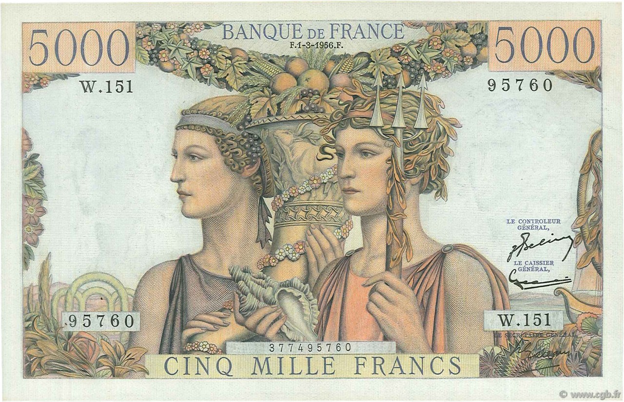 5000 Francs TERRE ET MER FRANCE  1956 F.48.11 XF - AU