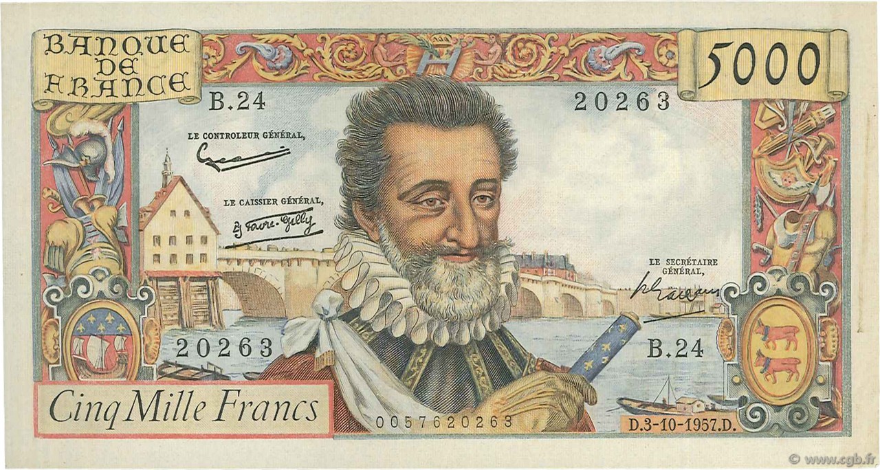 5000 Francs HENRI IV FRANCIA  1957 F.49.03 EBC+