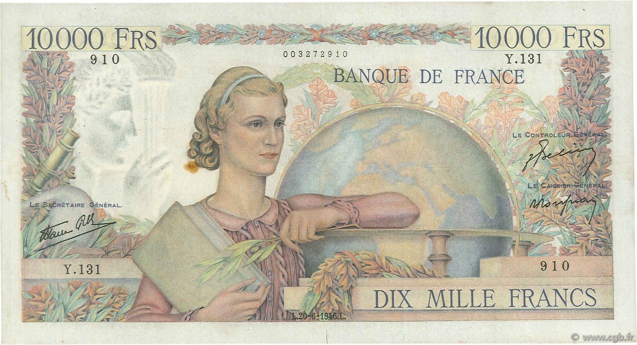 10000 Francs GÉNIE FRANÇAIS FRANCE  1946 F.50.06 VF-