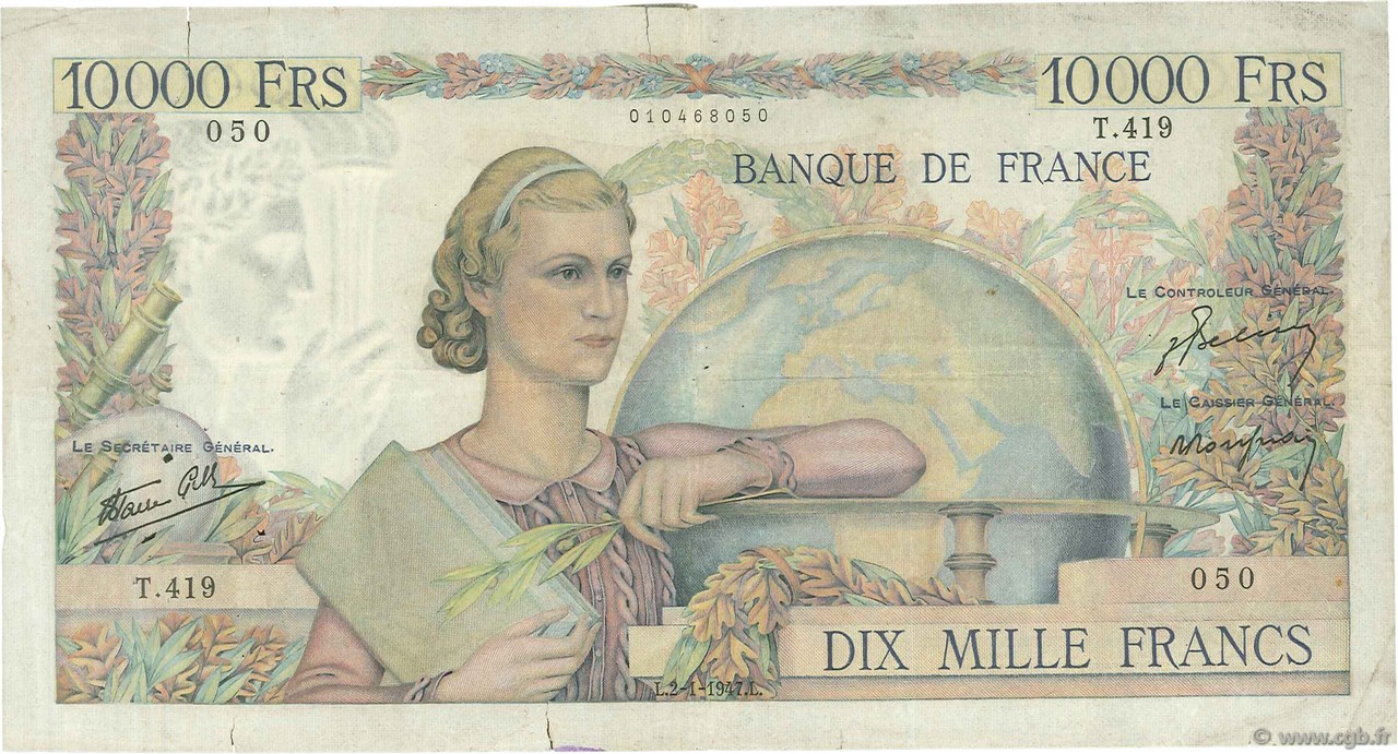 10000 Francs GÉNIE FRANÇAIS FRANKREICH  1947 F.50.18 fSS