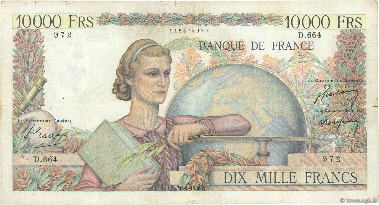 10000 Francs GÉNIE FRANÇAIS FRANCIA  1950 F.50.28 BC