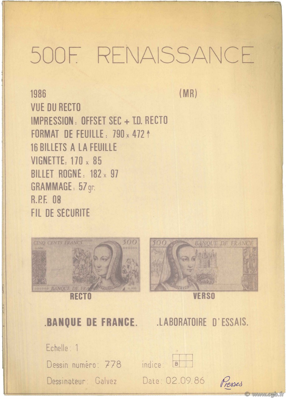 500 Francs RENAISSANCE FRANCE  1986 NE.1986 XF