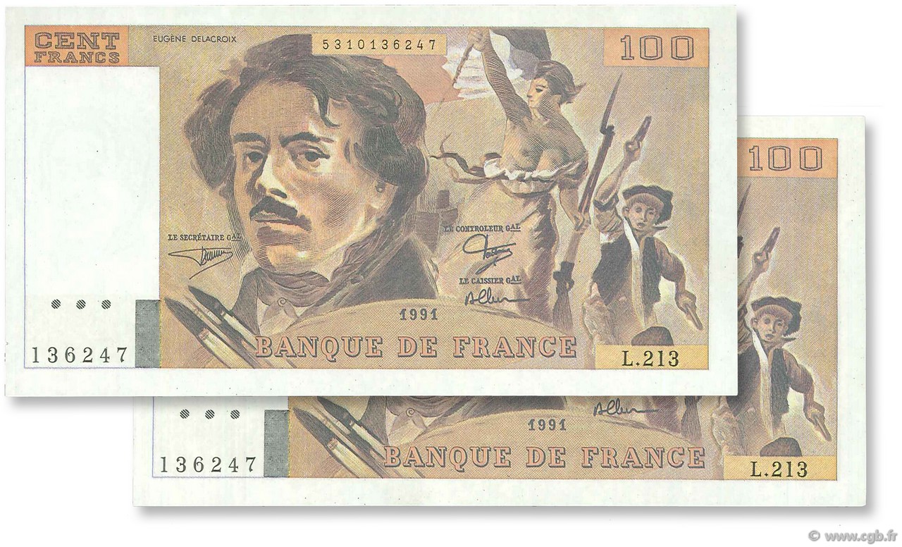 100 Francs DELACROIX imprimé en continu FRANCIA  1993 F.69bis.05 q.FDC