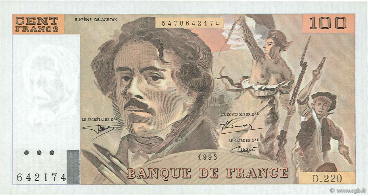 100 Francs DELACROIX imprimé en continu FRANCIA  1993 F.69bis.07 FDC