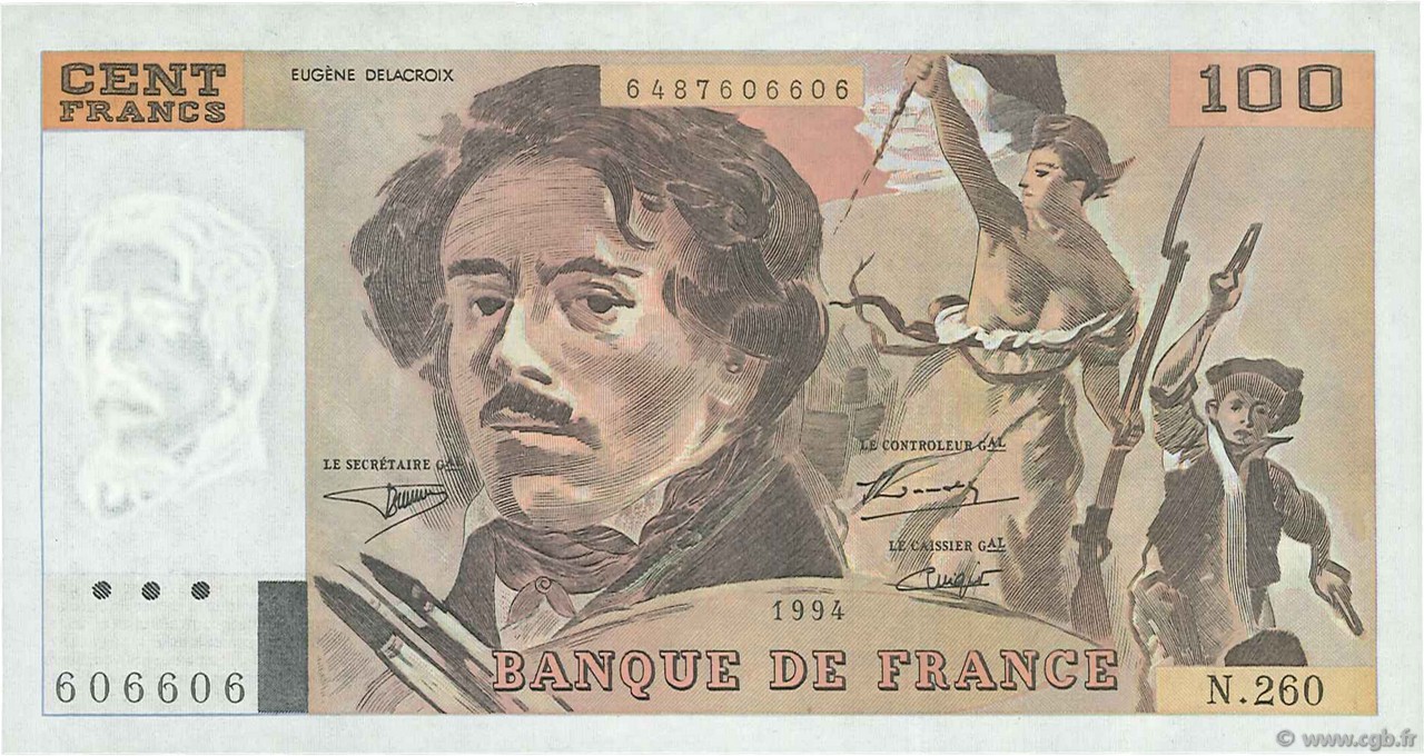 100 Francs DELACROIX 442-1 & 442-2 FRANCE  1994 F.69ter.01a XF+