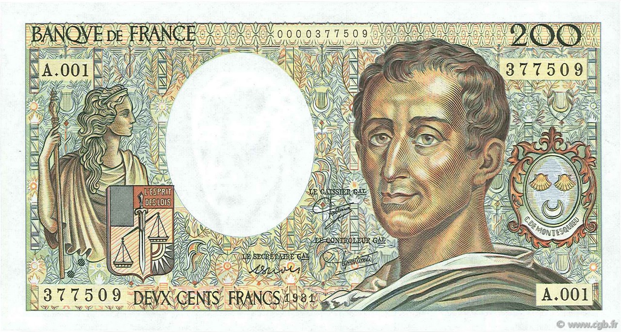 200 Francs MONTESQUIEU FRANCE  1981 F.70.01 pr.NEUF