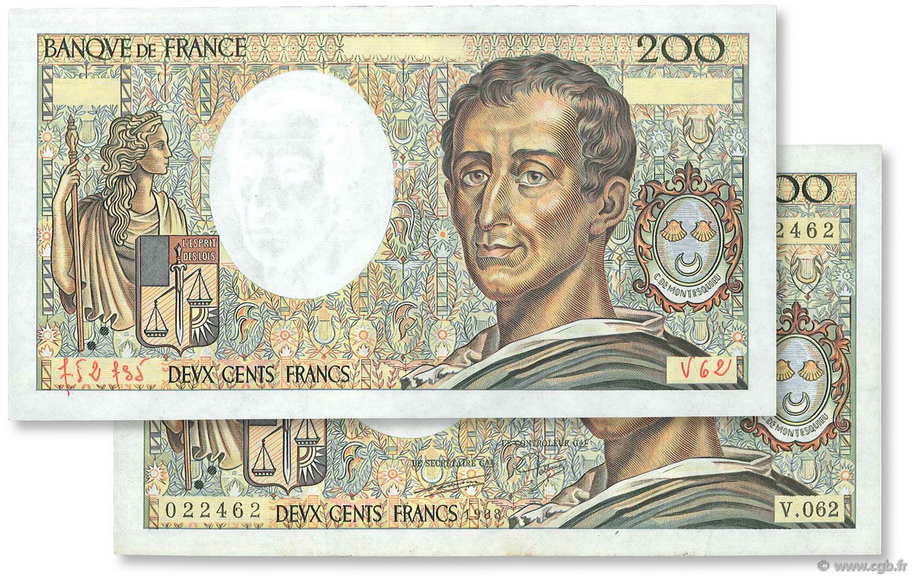 200 Francs MONTESQUIEU FRANKREICH  1988 F.70.08 VZ