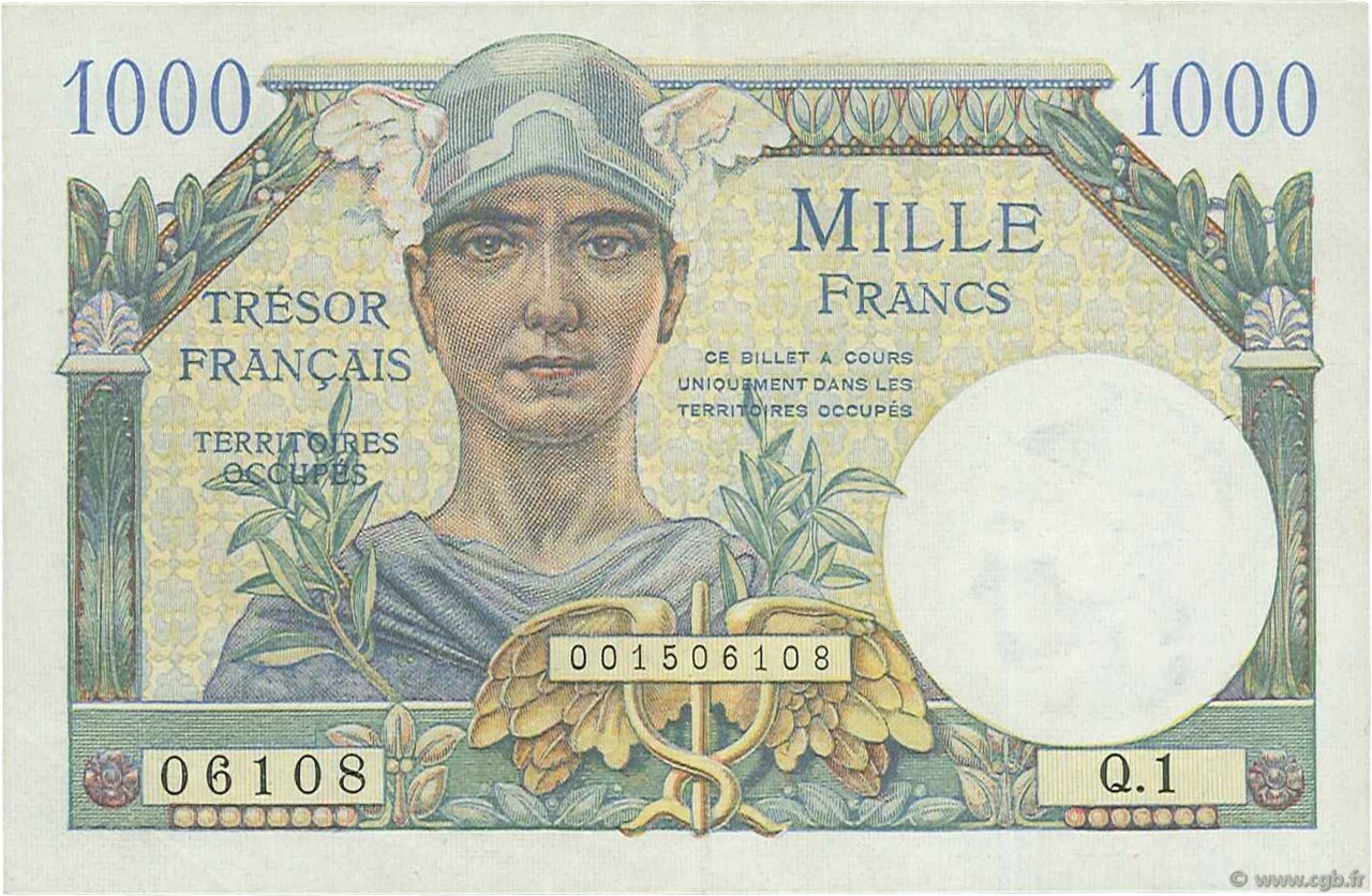 1000 Francs TRÉSOR FRANÇAIS FRANKREICH  1947 VF.33.01 VZ to fST