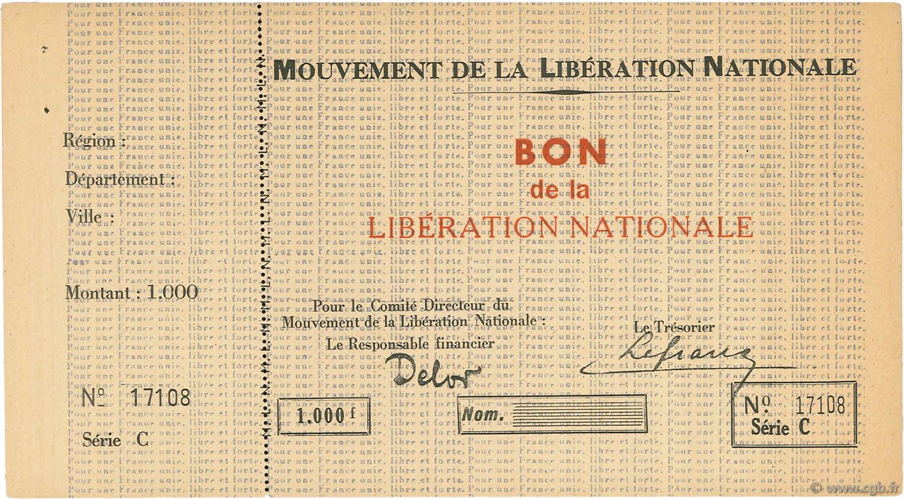 1000 Francs FRANCE regionalism and miscellaneous  1944 - AU