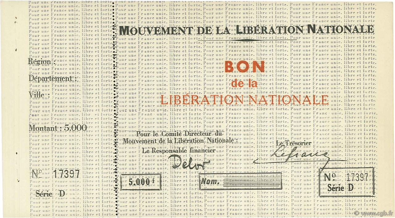 5000 Francs FRANCE Regionalismus und verschiedenen  1944 - fST