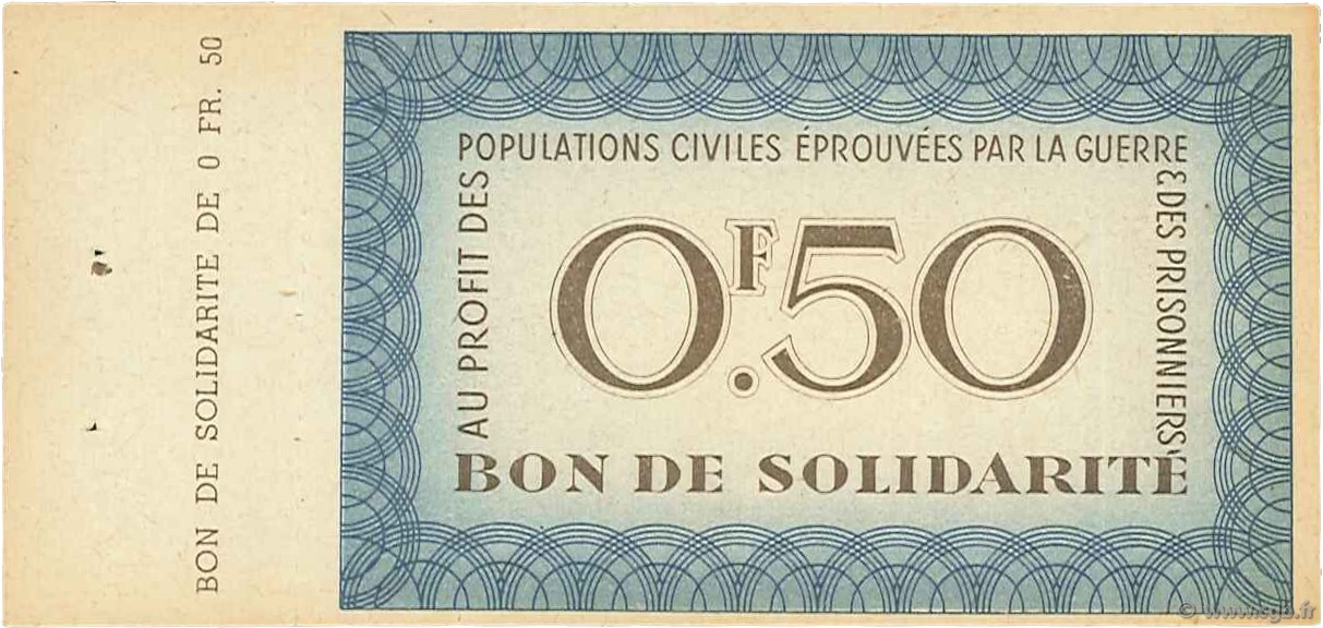 50 Centimes BON DE SOLIDARITÉ FRANCE regionalism and miscellaneous  1941 - AU