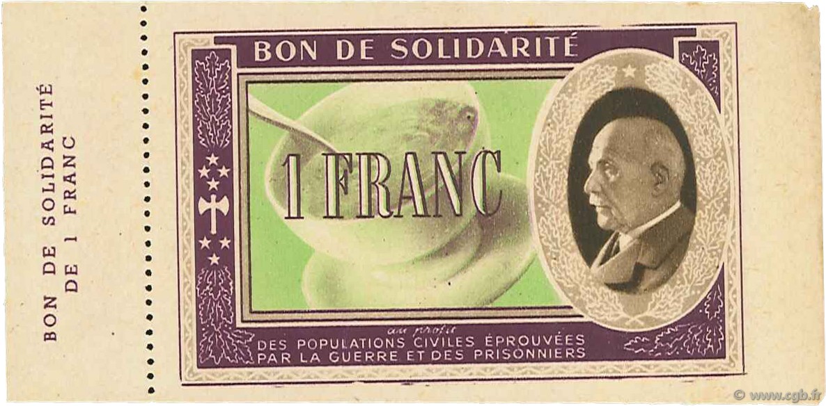 1 Franc BON DE SOLIDARITÉ FRANCE Regionalismus und verschiedenen  1941 - fST