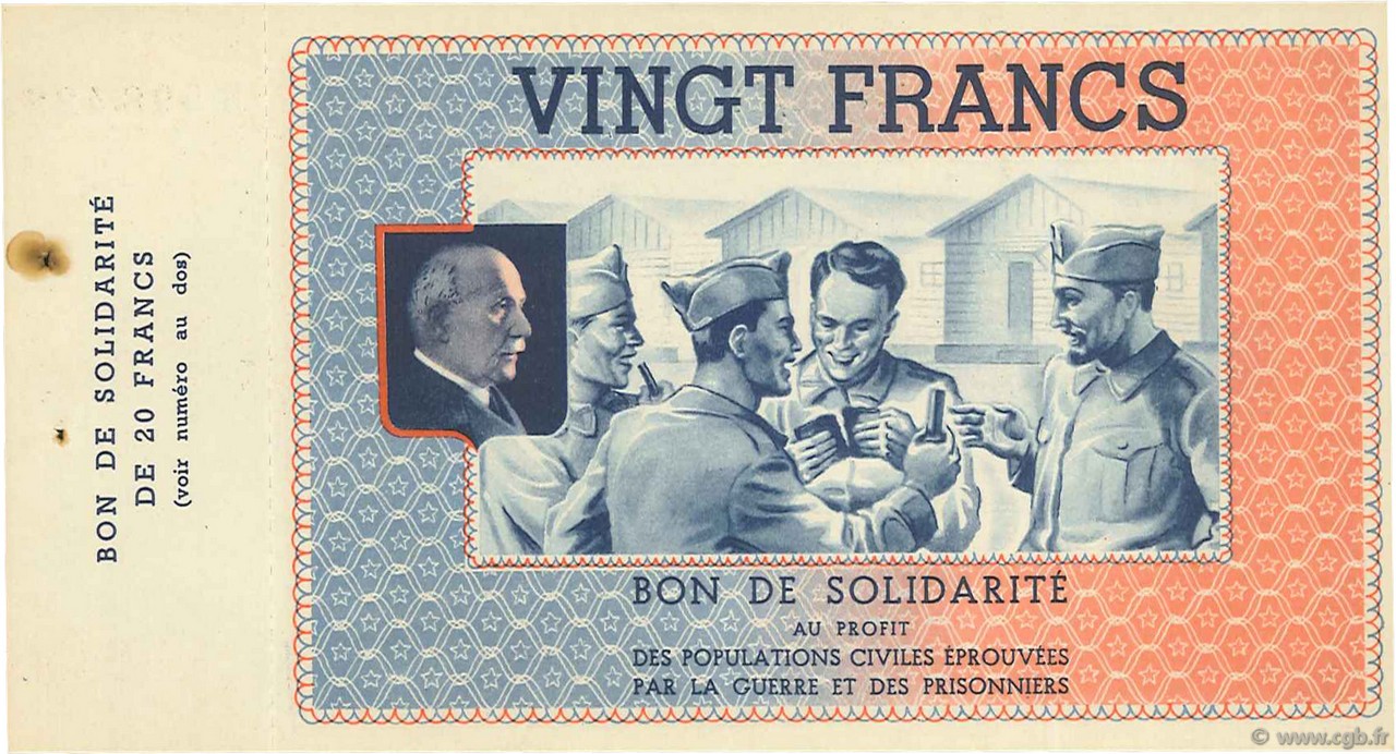 20 Francs BON DE SOLIDARITE FRANCE regionalismo y varios  1941 - SC
