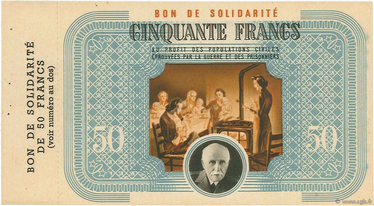 50 Francs BON DE SOLIDARITE FRANCE Regionalismus und verschiedenen  1941 - fST