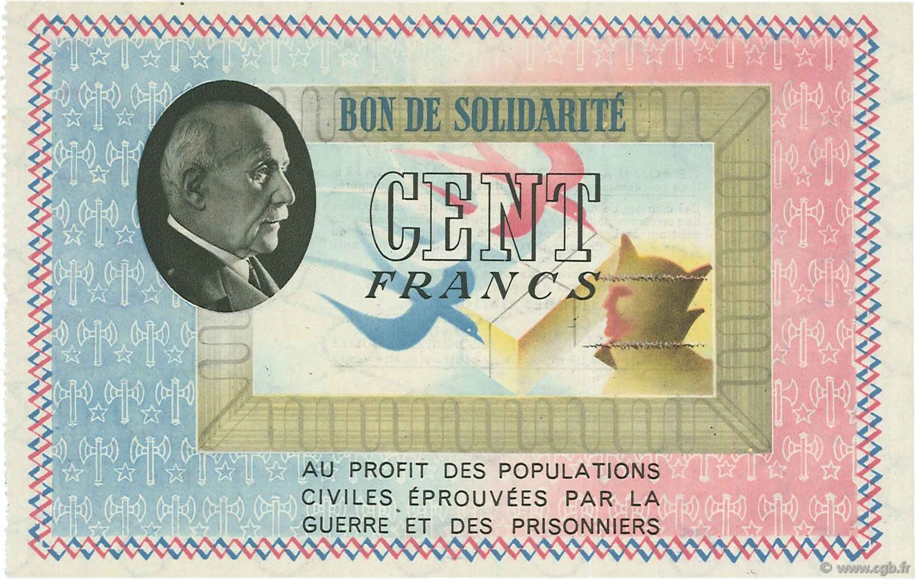 100 Francs BON DE SOLIDARITÉ FRANCE regionalism and miscellaneous  1941 - AU