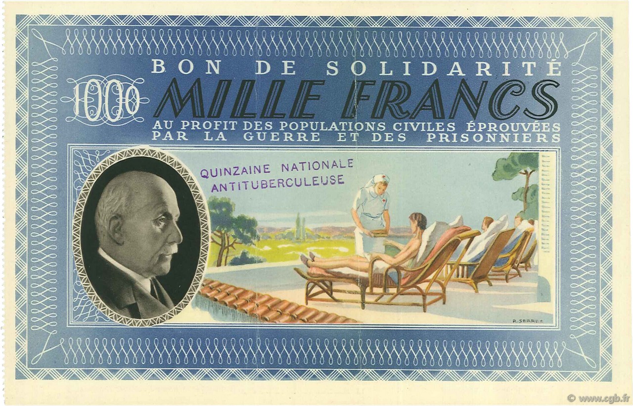 1000 Francs BON DE SOLIDARITE FRANCE regionalism and various  1941 - XF