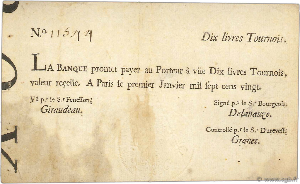 10 Livres Tournois FRANCE  1720 Dor.20 VF