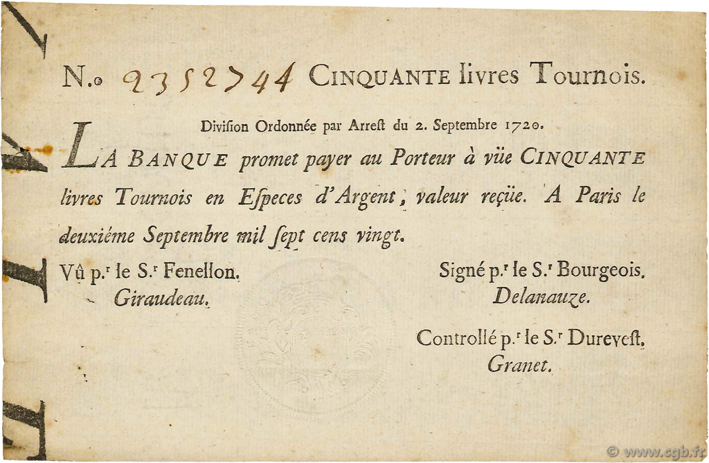 50 Livres Tournois FRANCE  1720 Dor.24 VF