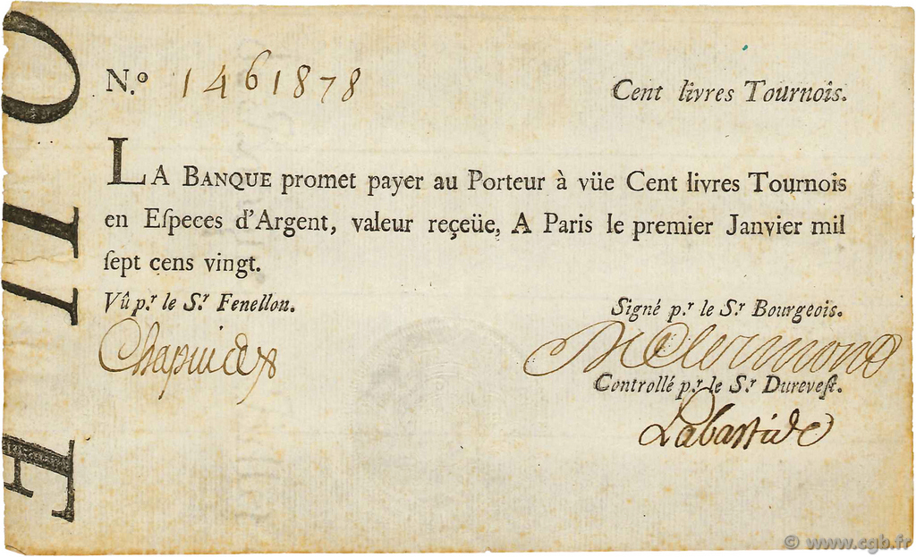 100 Livres Tournois typographié FRANCE  1720 Dor.26 TTB