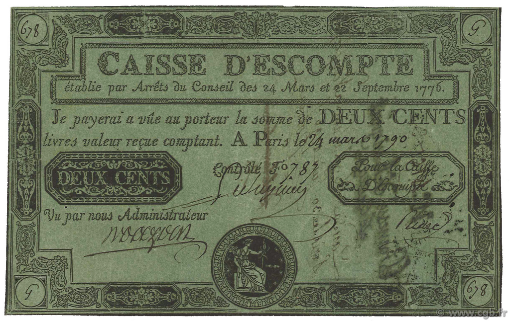 200 Livres Caisse d Escompte FRANCE  1790 Laf.103 XF