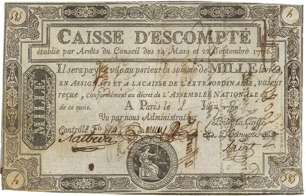 1000 Livres Caisse d Escompte FRANKREICH  1790 Laf.112 fSS