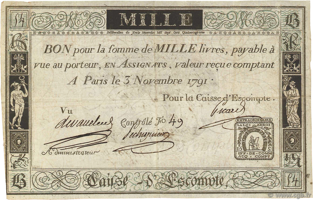 1000 Livres Caisse d Escompte FRANCE  1791 Laf.- VF+