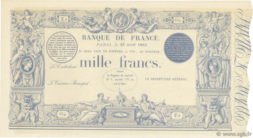1000 Francs type 1862 FRANCIA  1863 F.A36.00 FDC
