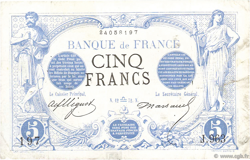 5 Francs NOIR FRANCIA  1872 F.01.10 RC+