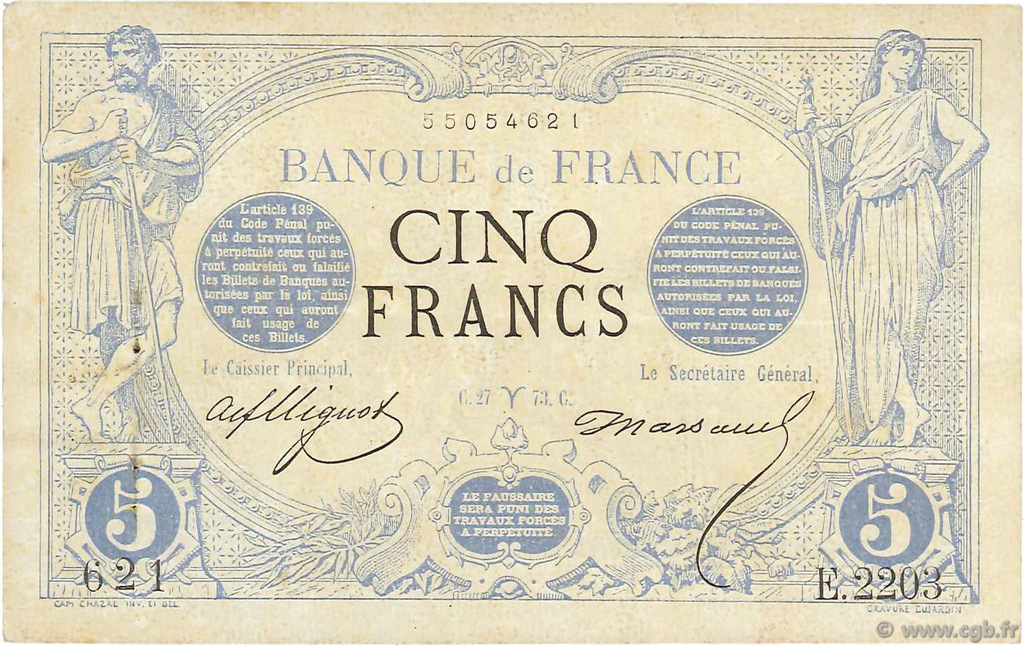 5 Francs NOIR FRANCIA  1873 F.01.16 BB to SPL