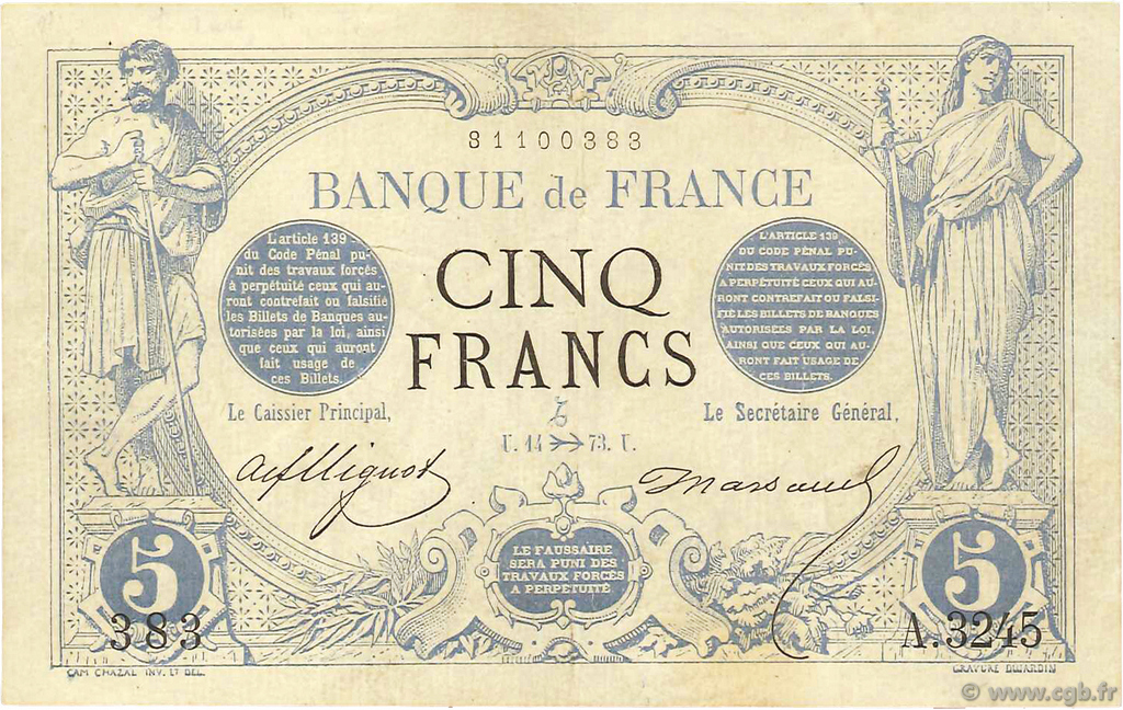 5 Francs NOIR Surchargé FRANCIA  1873 F.01ter.01 MBC+