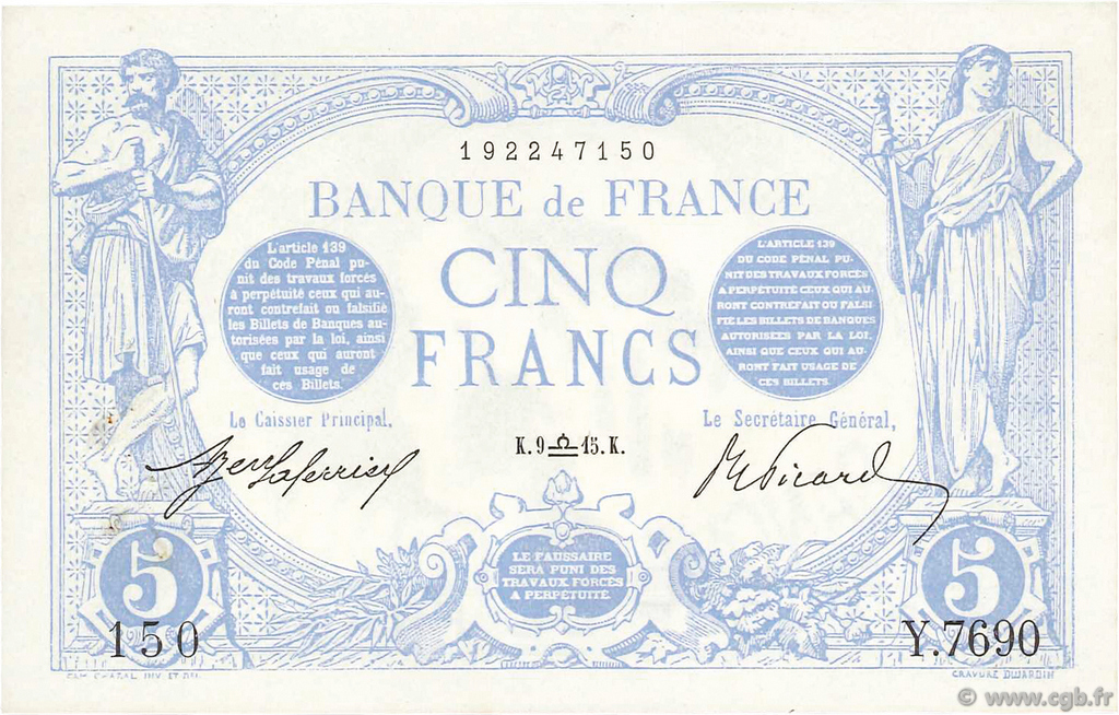 5 Francs BLEU FRANCE  1915 F.02.31 XF-