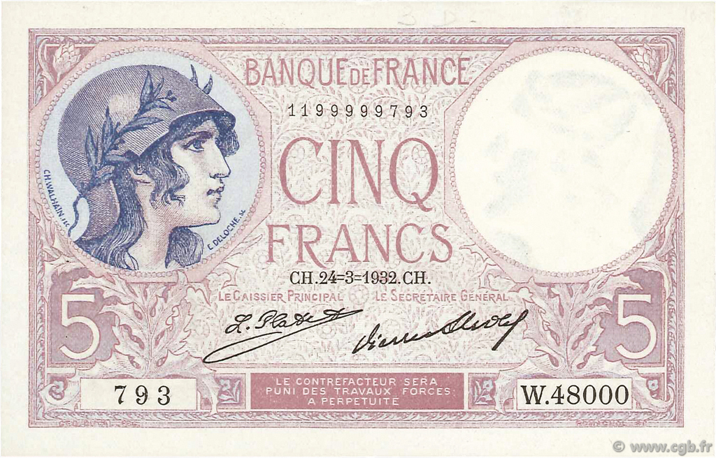 5 Francs FEMME CASQUÉE FRANCE  1932 F.03.16 AU-