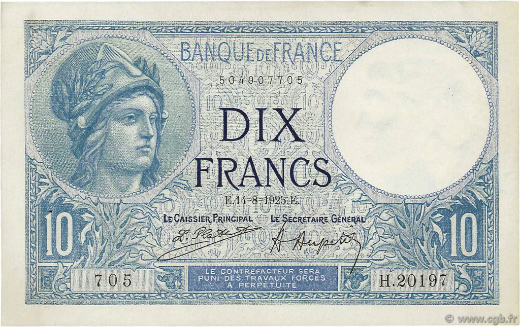 10 Francs MINERVE FRANCE  1925 F.06.09 XF - AU