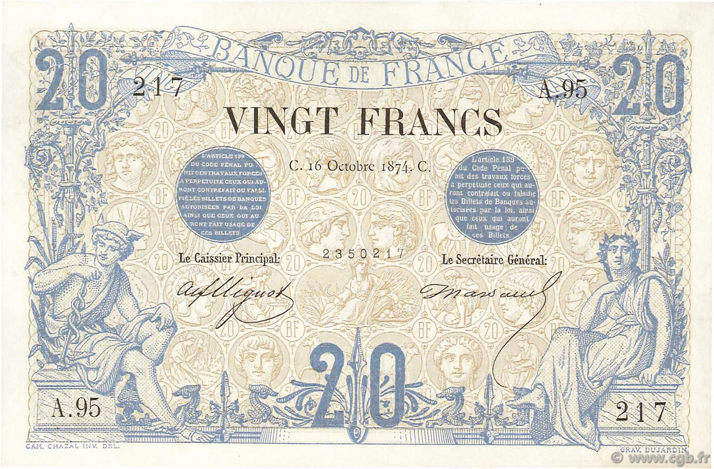 20 Francs NOIR FRANKREICH  1874 F.09.01 fST+