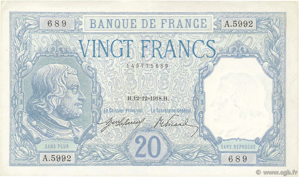 20 Francs BAYARD FRANCE  1918 F.11.03 XF - AU