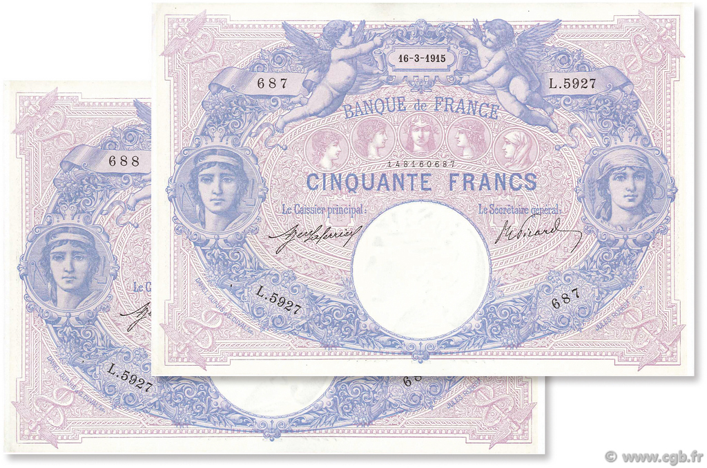 50 Francs BLEU ET ROSE FRANCIA  1915 F.14.28 AU