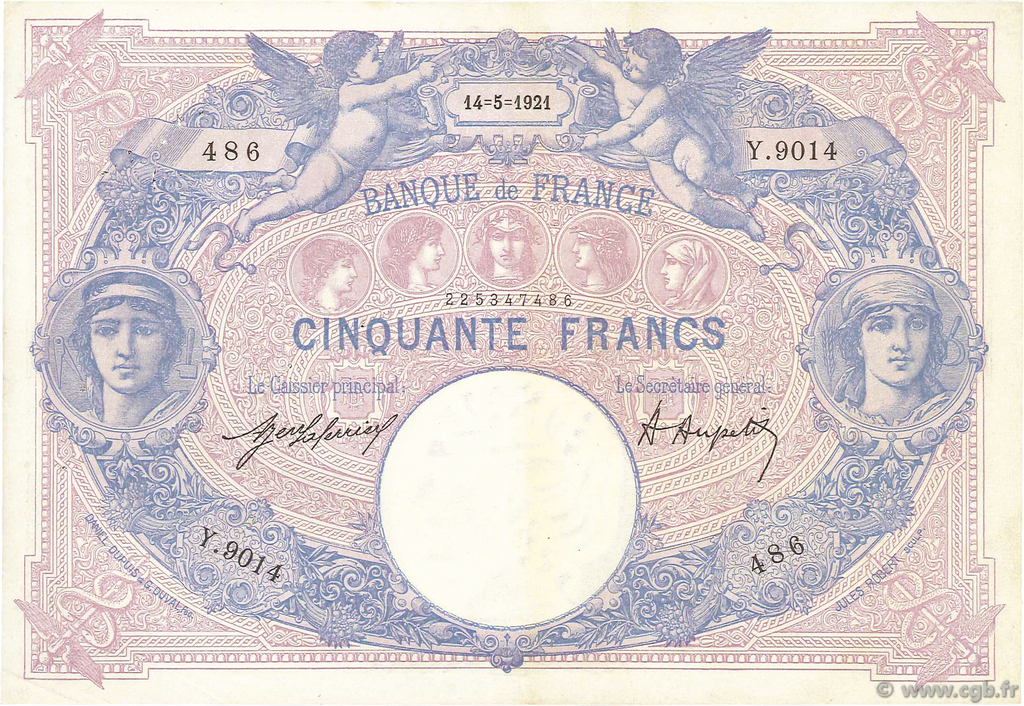 50 Francs BLEU ET ROSE FRANCE  1921 F.14.34 VF