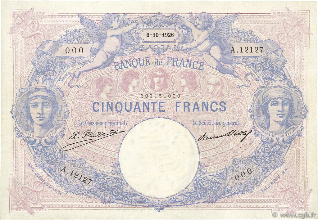 50 Francs BLEU ET ROSE FRANCIA  1926 F.14.39 BC+