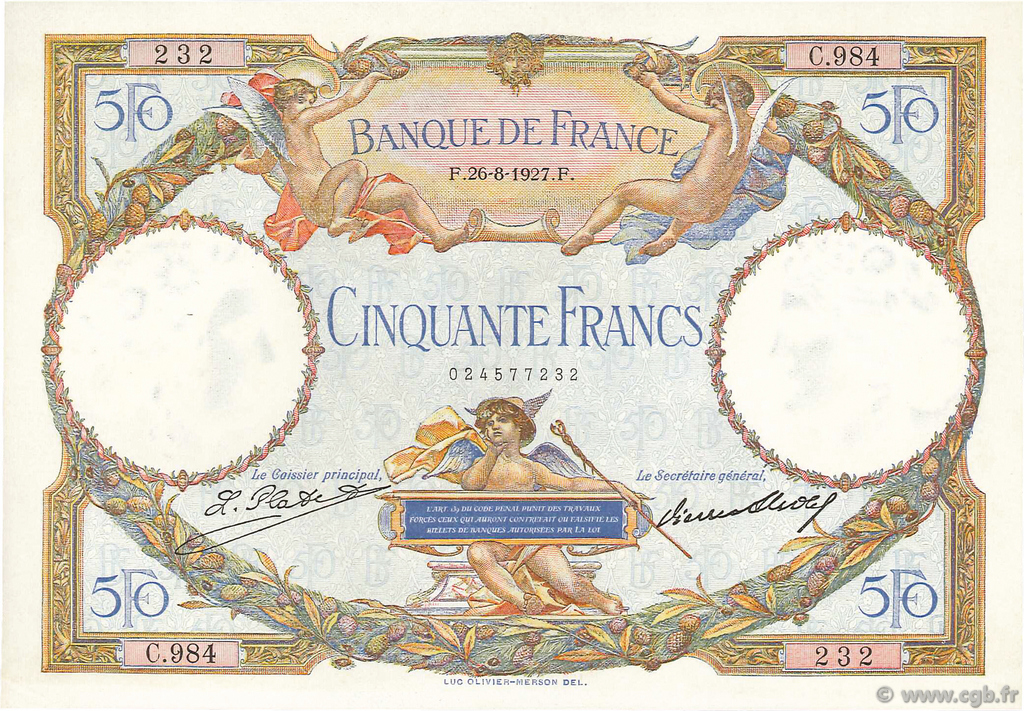 50 Francs LUC OLIVIER MERSON FRANCIA  1927 F.15.01 AU
