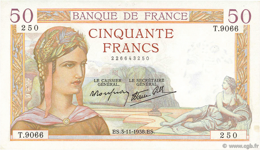 50 Francs CÉRÈS modifié FRANKREICH  1938 F.18.18 VZ