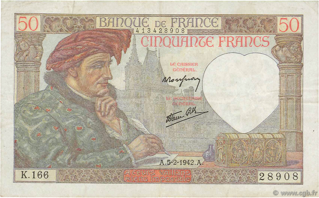 50 Francs JACQUES CŒUR FRANCE  1942 F.19.19 VF-