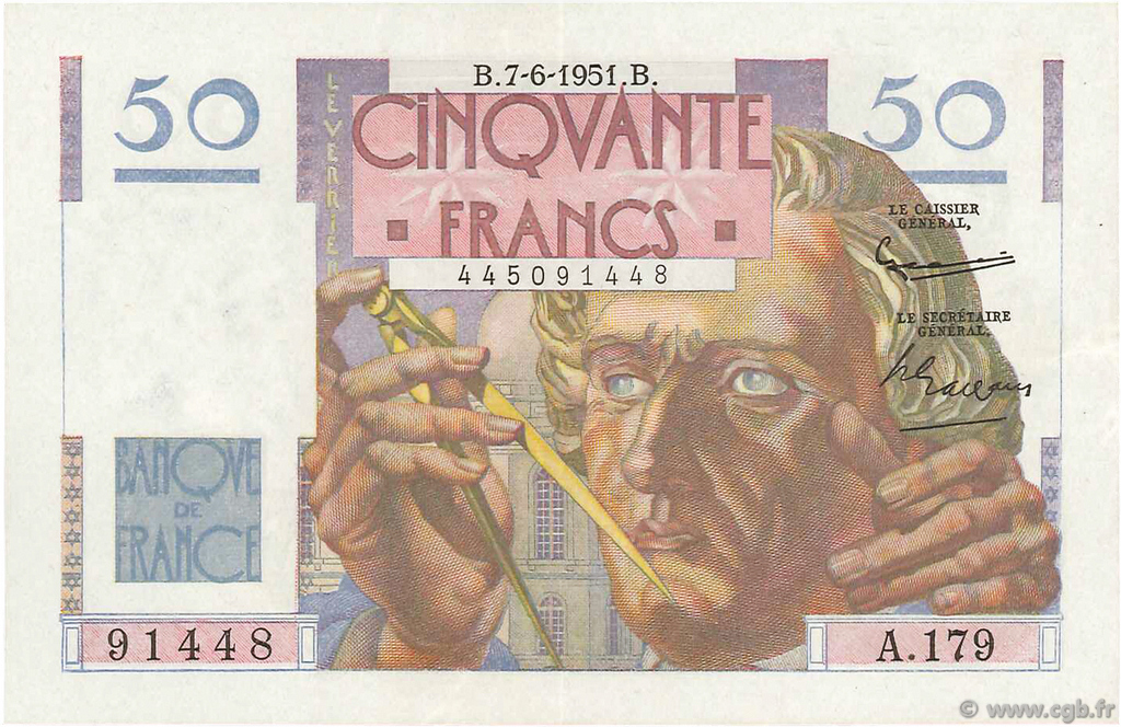 50 Francs LE VERRIER FRANCIA  1951 F.20.18 SPL+