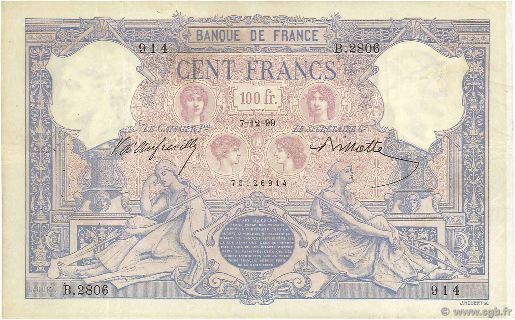 100 Francs BLEU ET ROSE FRANCE  1899 F.21.12 VF