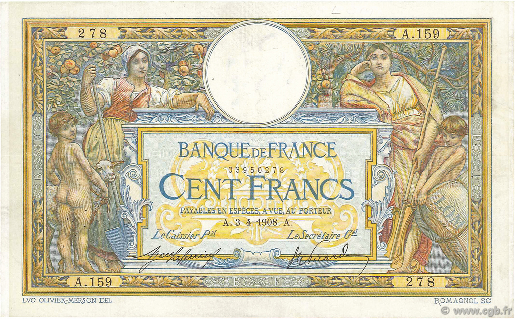 100 Francs LUC OLIVIER MERSON avec LOM FRANCE  1908 F.22.01 TTB+