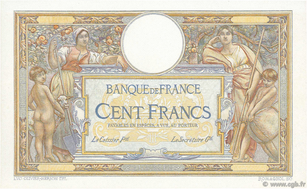 100 Francs LUC OLIVIER MERSON grands cartouches FRANKREICH  1923 F.24.00Ec ST