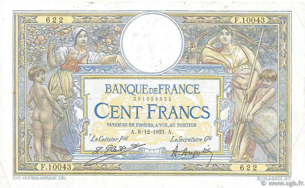 100 Francs LUC OLIVIER MERSON grands cartouches FRANCIA  1923 F.24.01 q.MB
