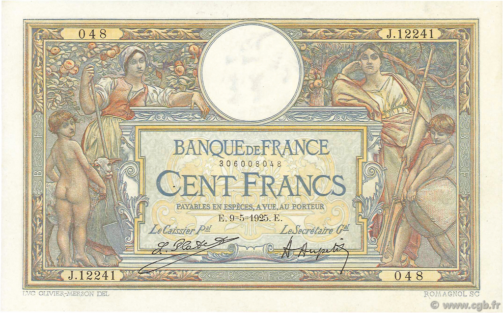 100 Francs LUC OLIVIER MERSON grands cartouches FRANKREICH  1925 F.24.03 fVZ