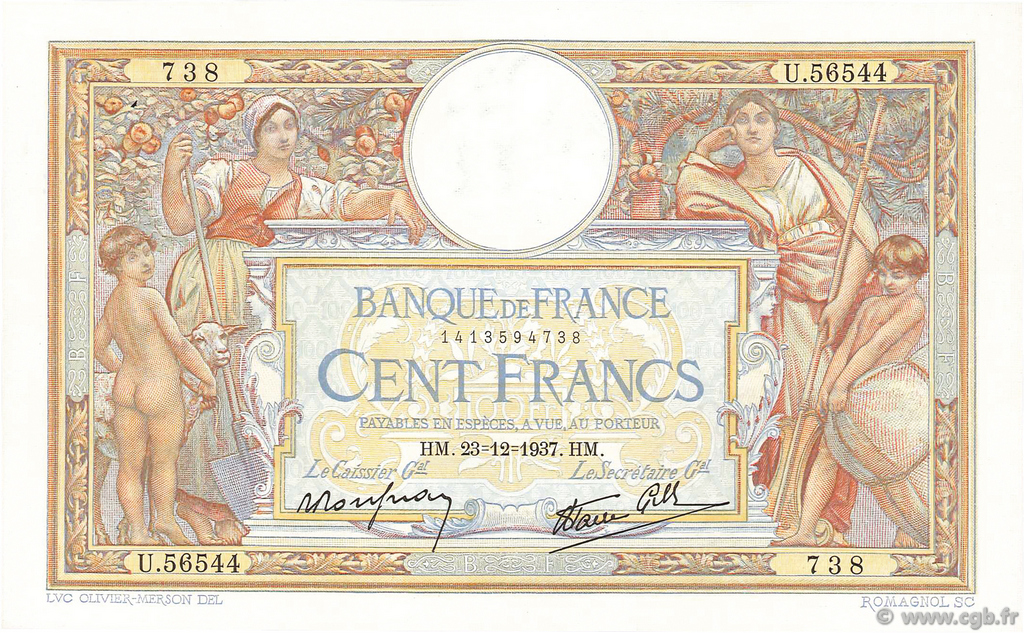100 Francs LUC OLIVIER MERSON type modifié FRANCIA  1937 F.25.06 EBC