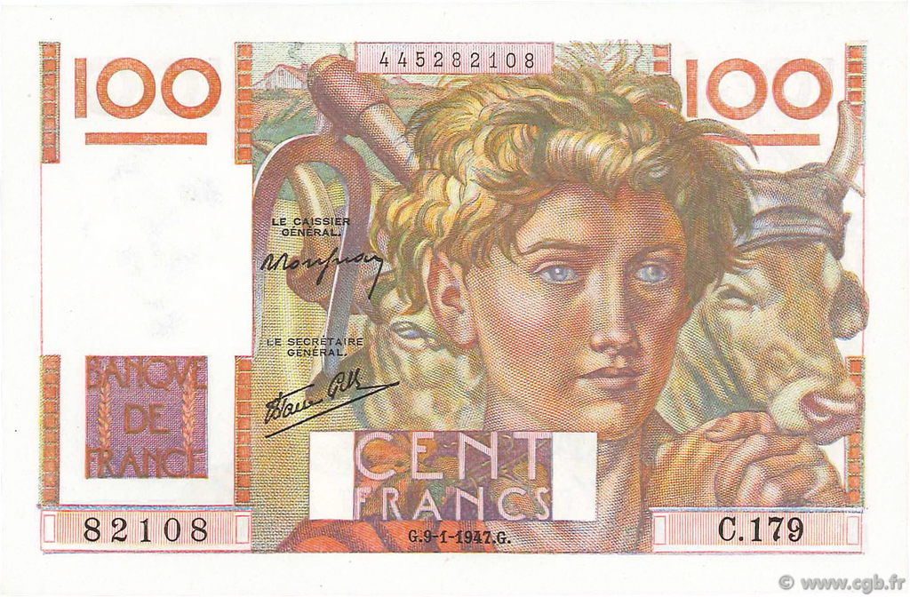 100 Francs JEUNE PAYSAN FRANCIA  1947 F.28.13 SC+