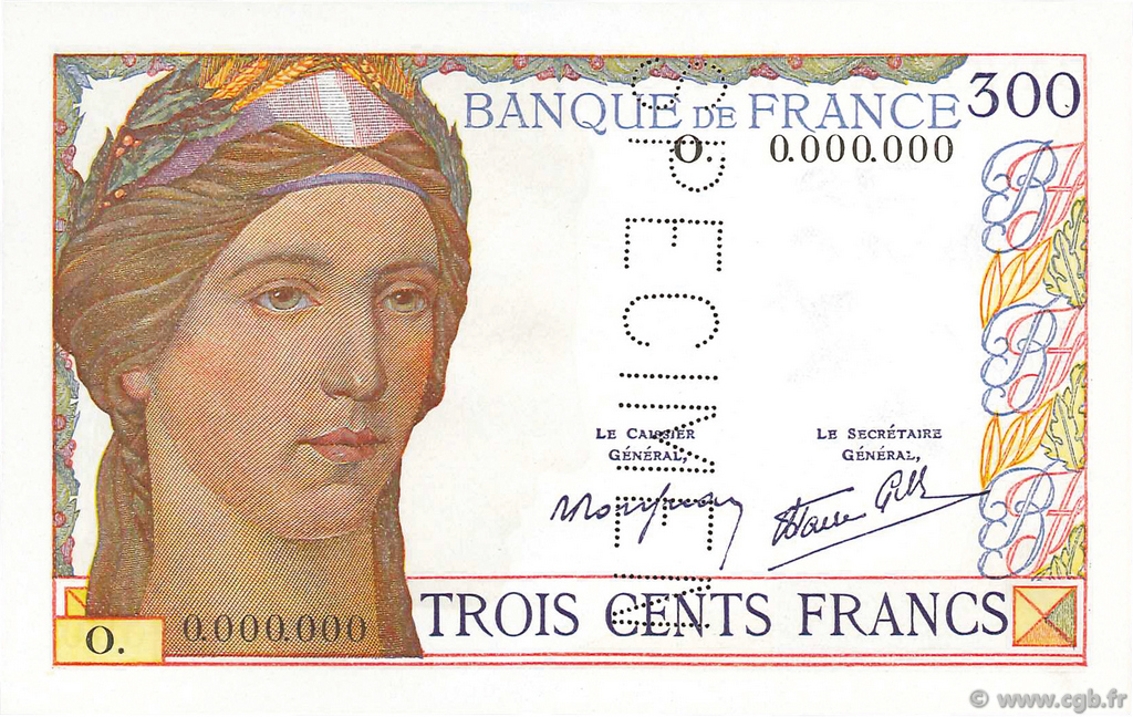 300 Francs FRANCE  1938 F.29.01Sp UNC